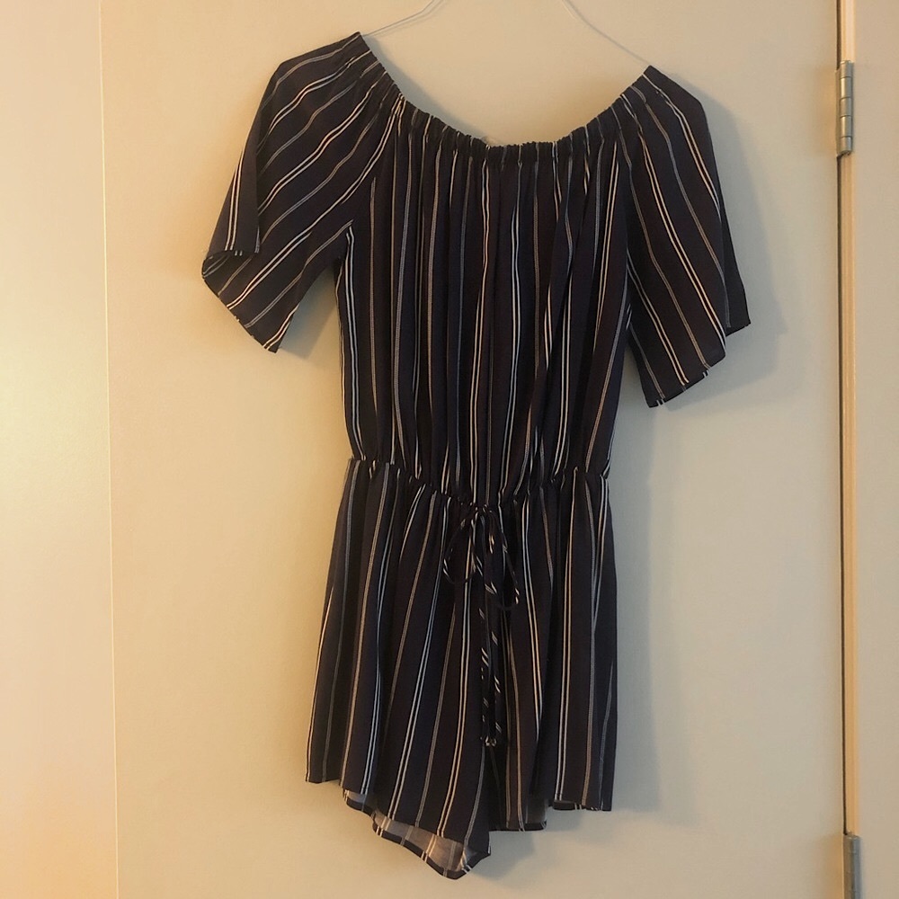 Off the shoulder blue and white striped romper